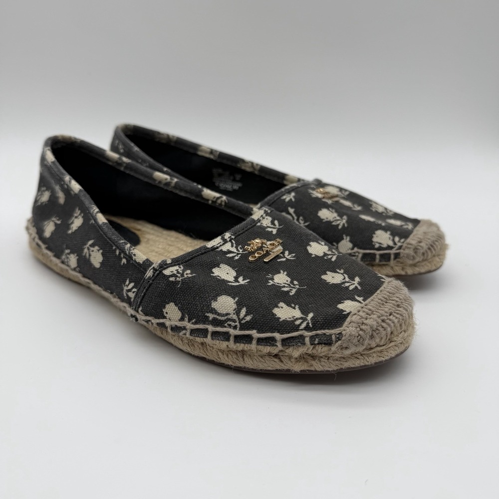 Coach Rhodelle Calico Rose Espadrille Flats Black White Floral Canvas Size 7